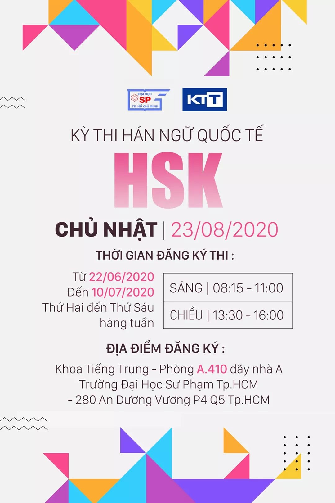 | THÔNG BÁO TỔ CHỨC THI HSK NGÀY 23/8/2020 |