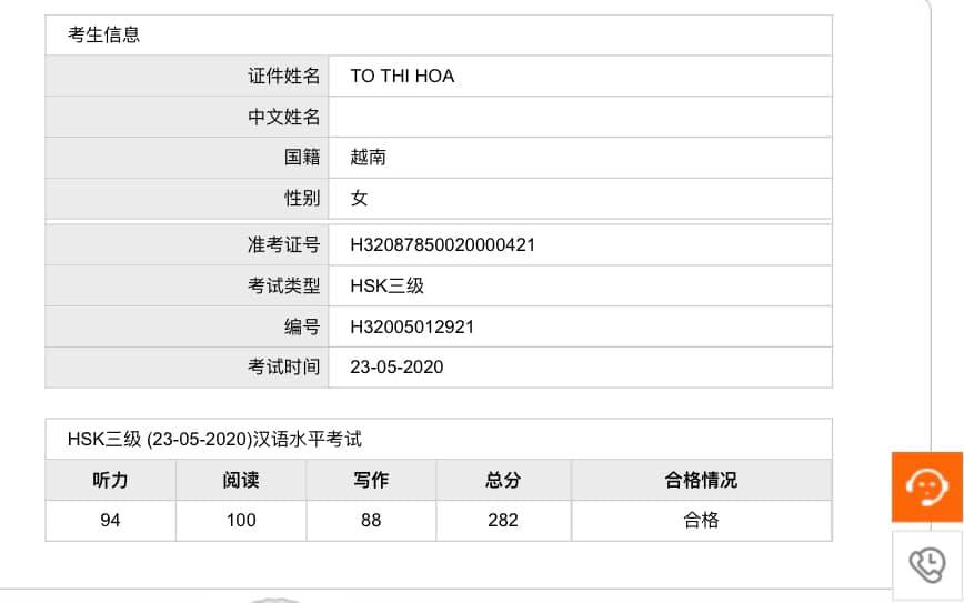 Kết quả kỳ thi HSK tháng 5/2020