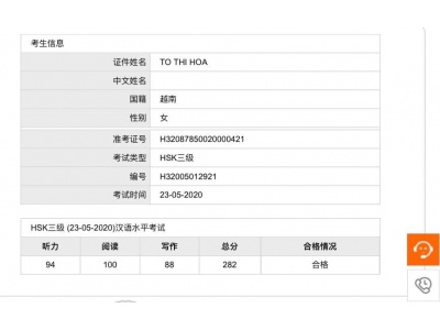 Kết quả kỳ thi HSK tháng 5/2020